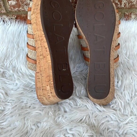 Chocolat Blu Women's Linen Leather Slip-On Cork Platform Wedge Sandal Heels Sz 8 - Picture 12 of 12